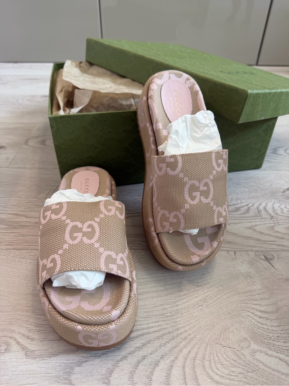 Gucci Beige & Pink GG Logo Slide Sandals
